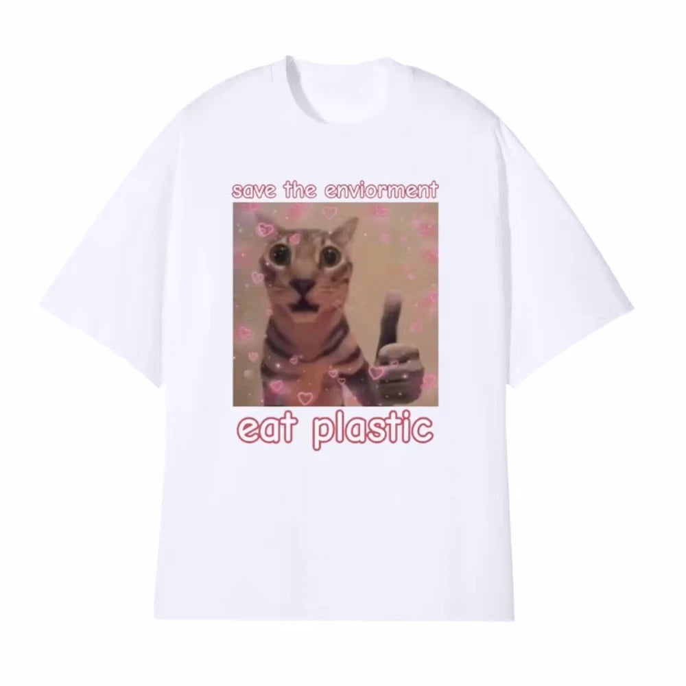 Funny Save The Environment Eat Plastic Cat Meme-Unisex