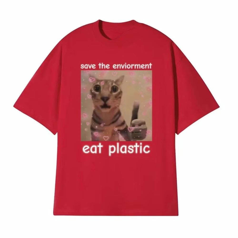 Funny Save The Environment Eat Plastic Cat Meme-Unisex