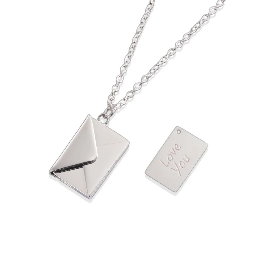 Love Letter Envelope Pendant Locket Necklace Stainless Steel Jewelry