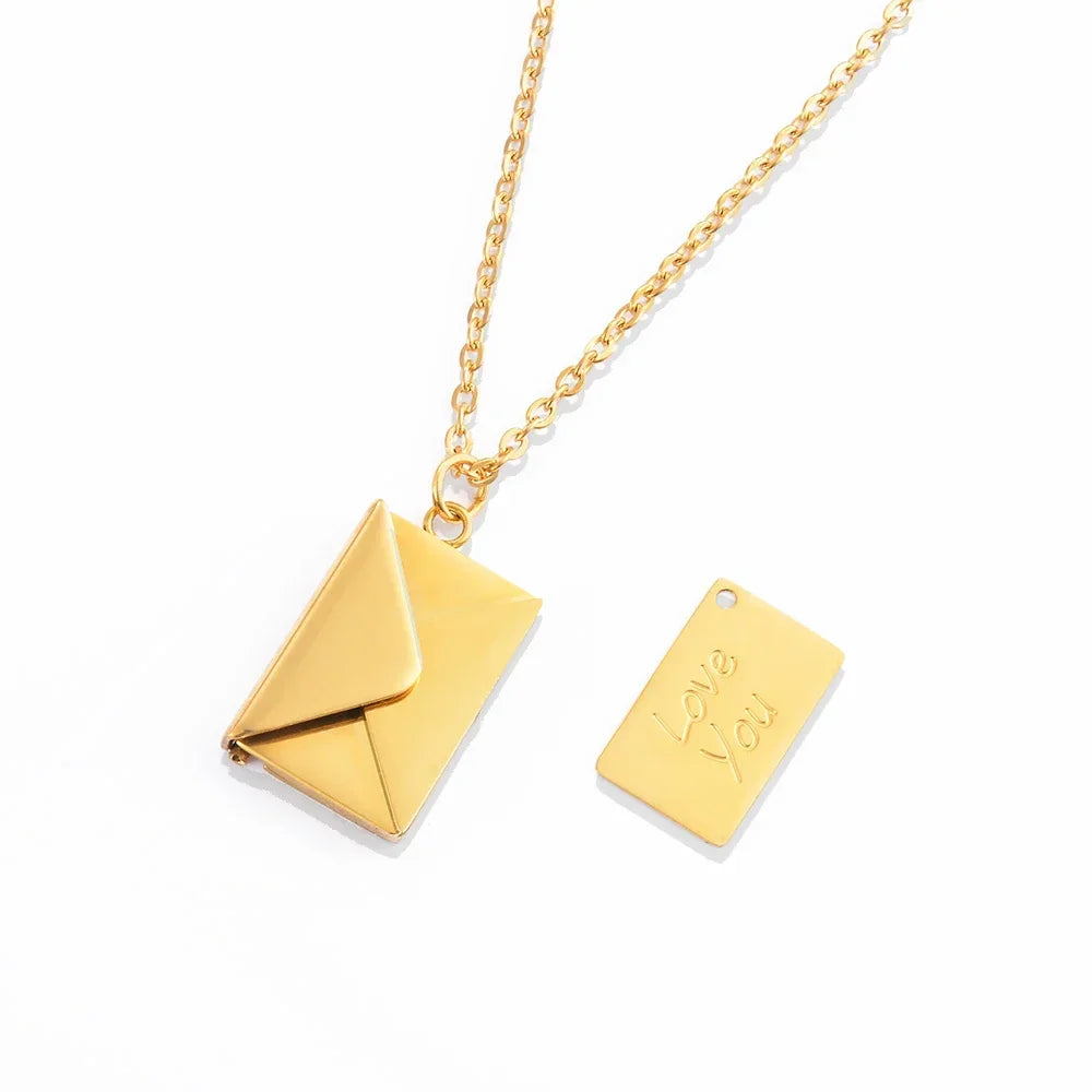 Love Letter Envelope Pendant Locket Necklace Stainless Steel Jewelry